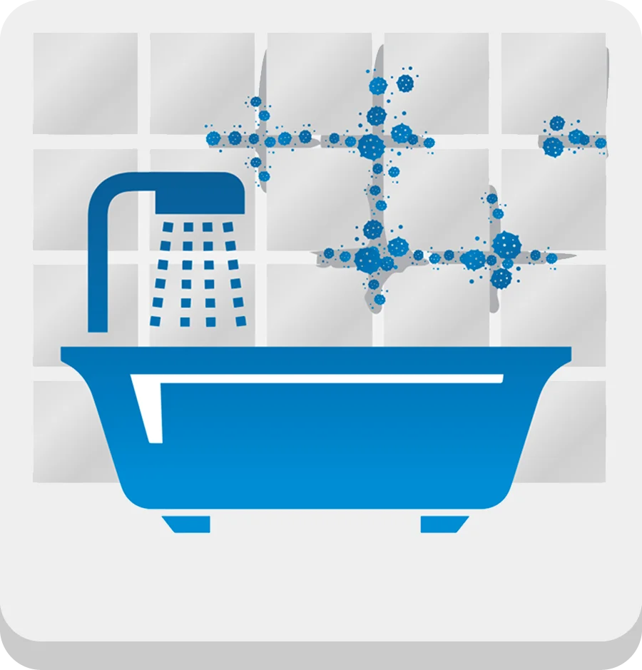 2D-Abbildung einer Badewanne mit Duschkopf und Schimmel an der Wand