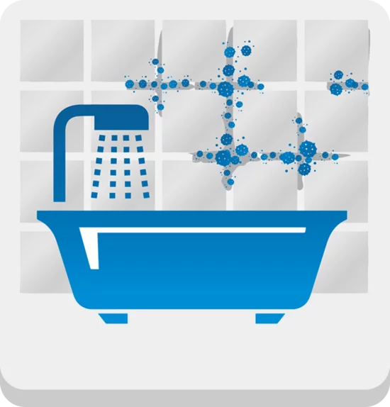 2D-Abbildung einer Badewanne mit Duschkopf und Schimmel an der Wand