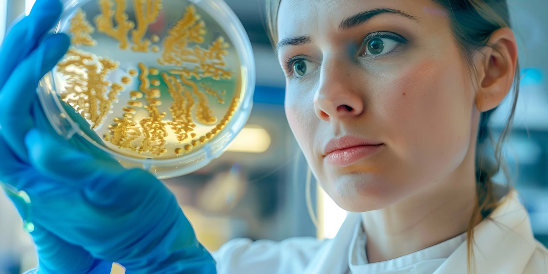 Wissenschaftlerin, die eine Bakterienkultur betrachtet.