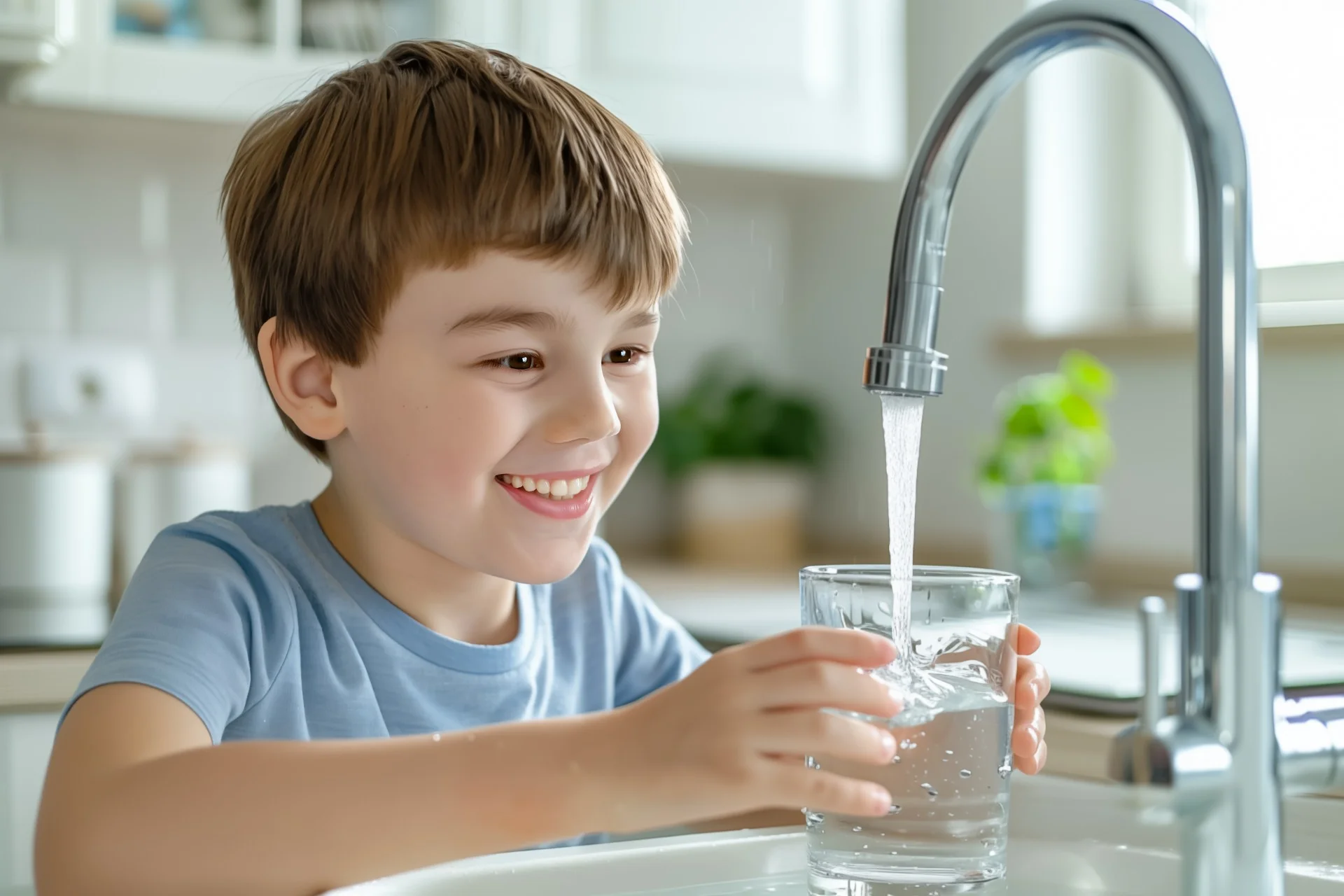 Kind, das Wasserglas am Wasserhahn auffüllt.