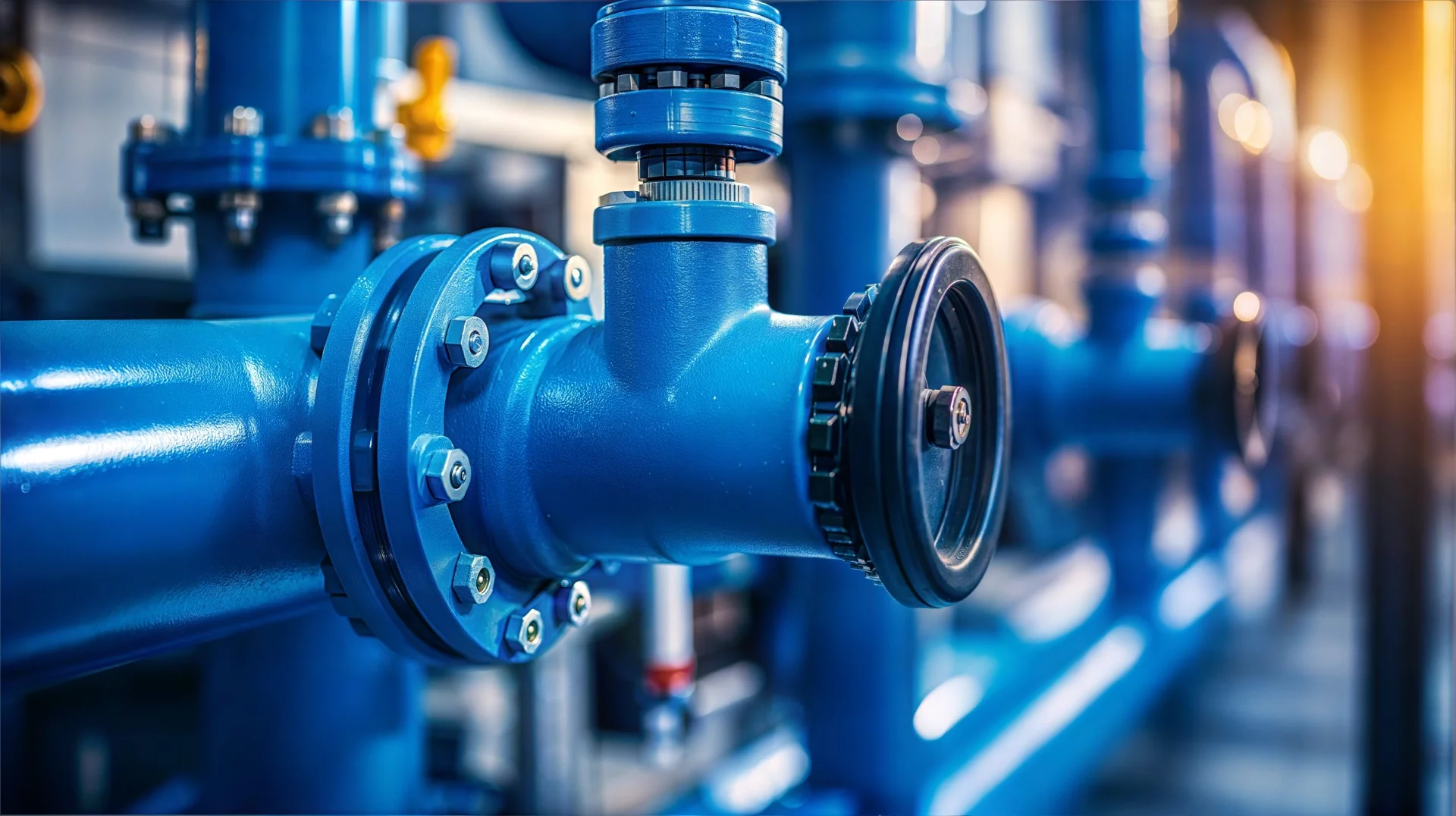 Close-Up eines Ventils in der Wasseranlage mit blauen Rohren